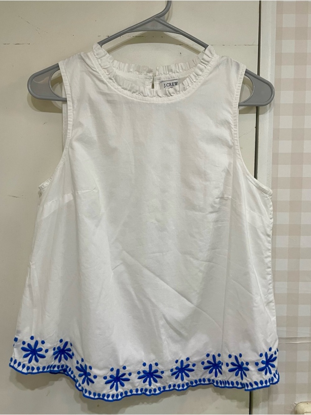J Crew embroidered sleeveless blouse white blue floral European cotton XS